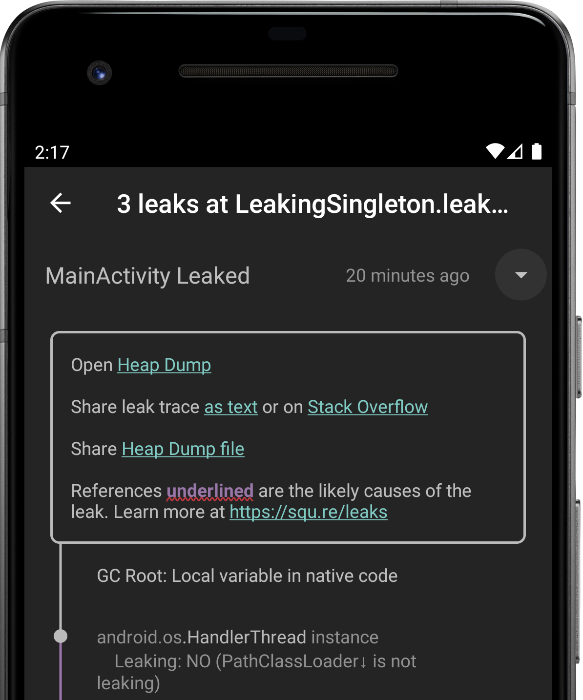 屏幕显示了 3 个泄漏，并按其共同的泄漏签名进行分组