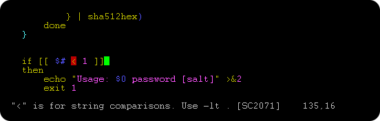 Vim 屏幕截图，显示内联的 ShellCheck 反馈
