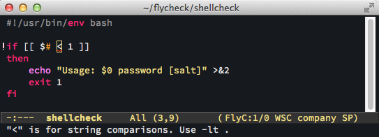 emacs 内联 shellcheck 反馈截图